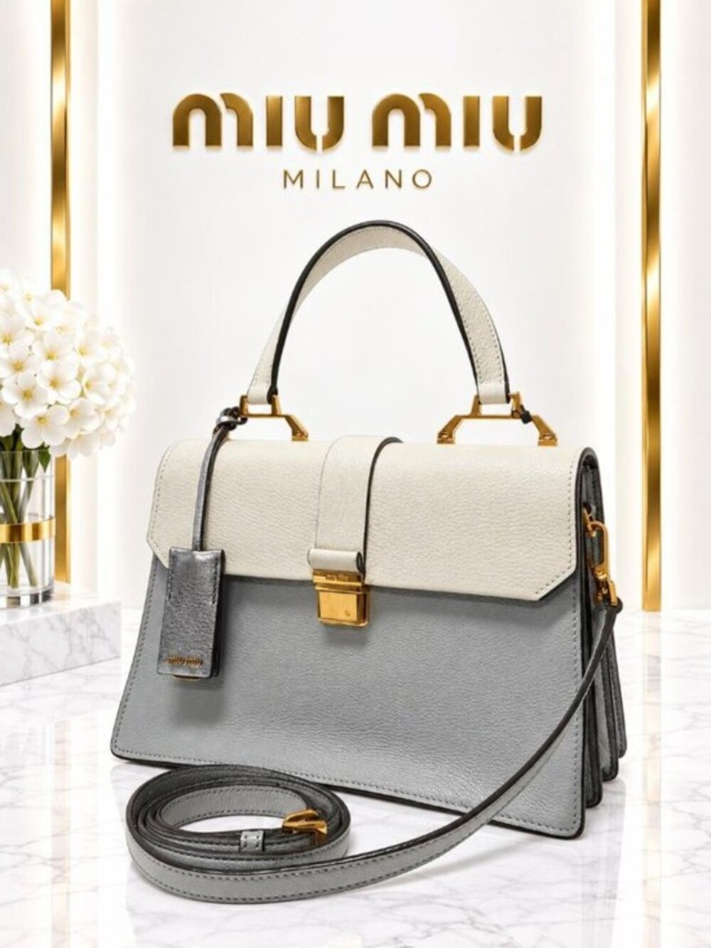 Authentic Miu Miu Madras White Gray Leather Top Handle Crossbody Bag